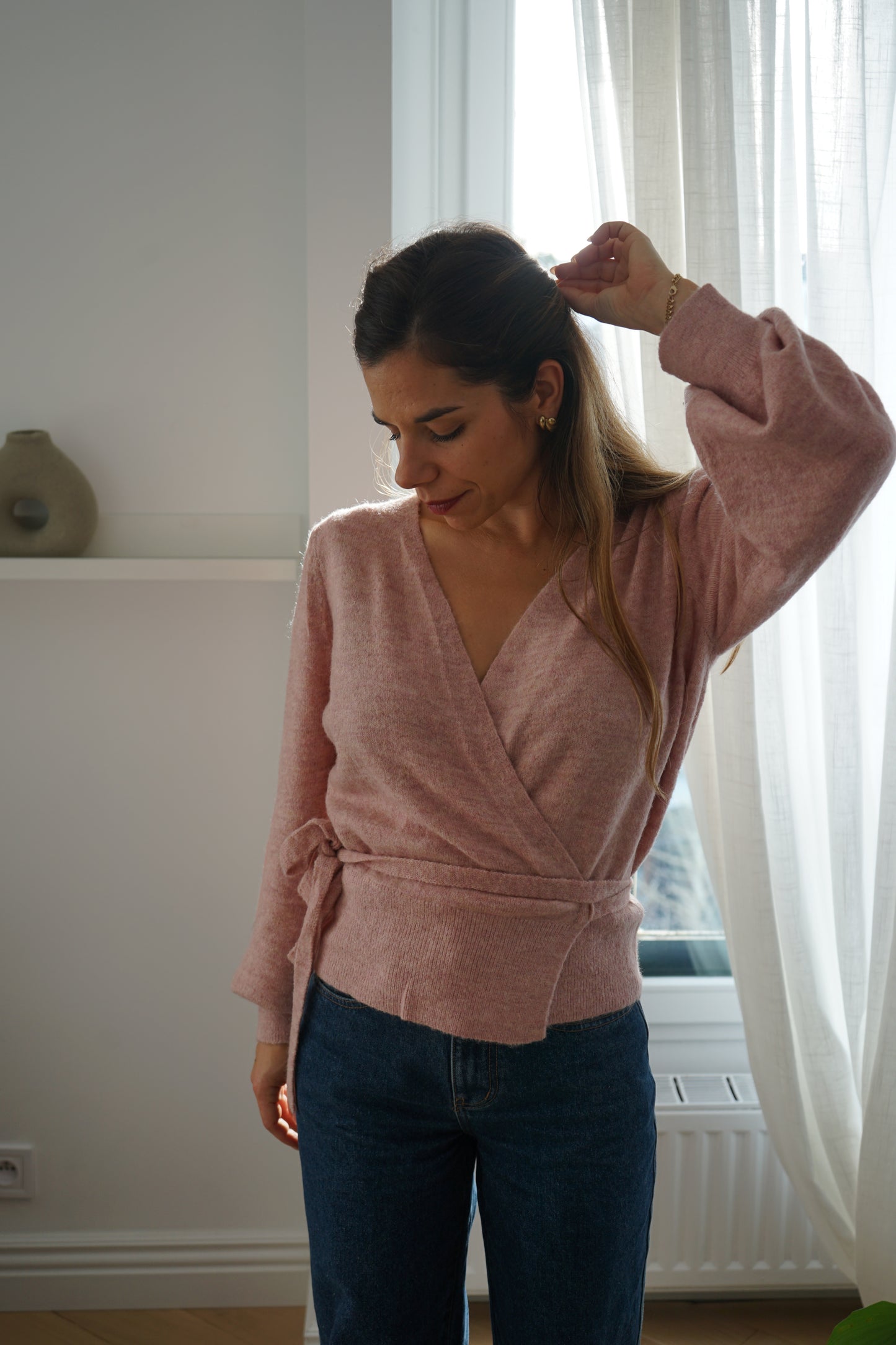 Cardigan à noeud en laine et mohair Pia rose