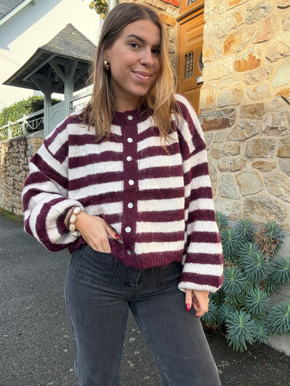 Cardigan Véra rayé bordeaux
