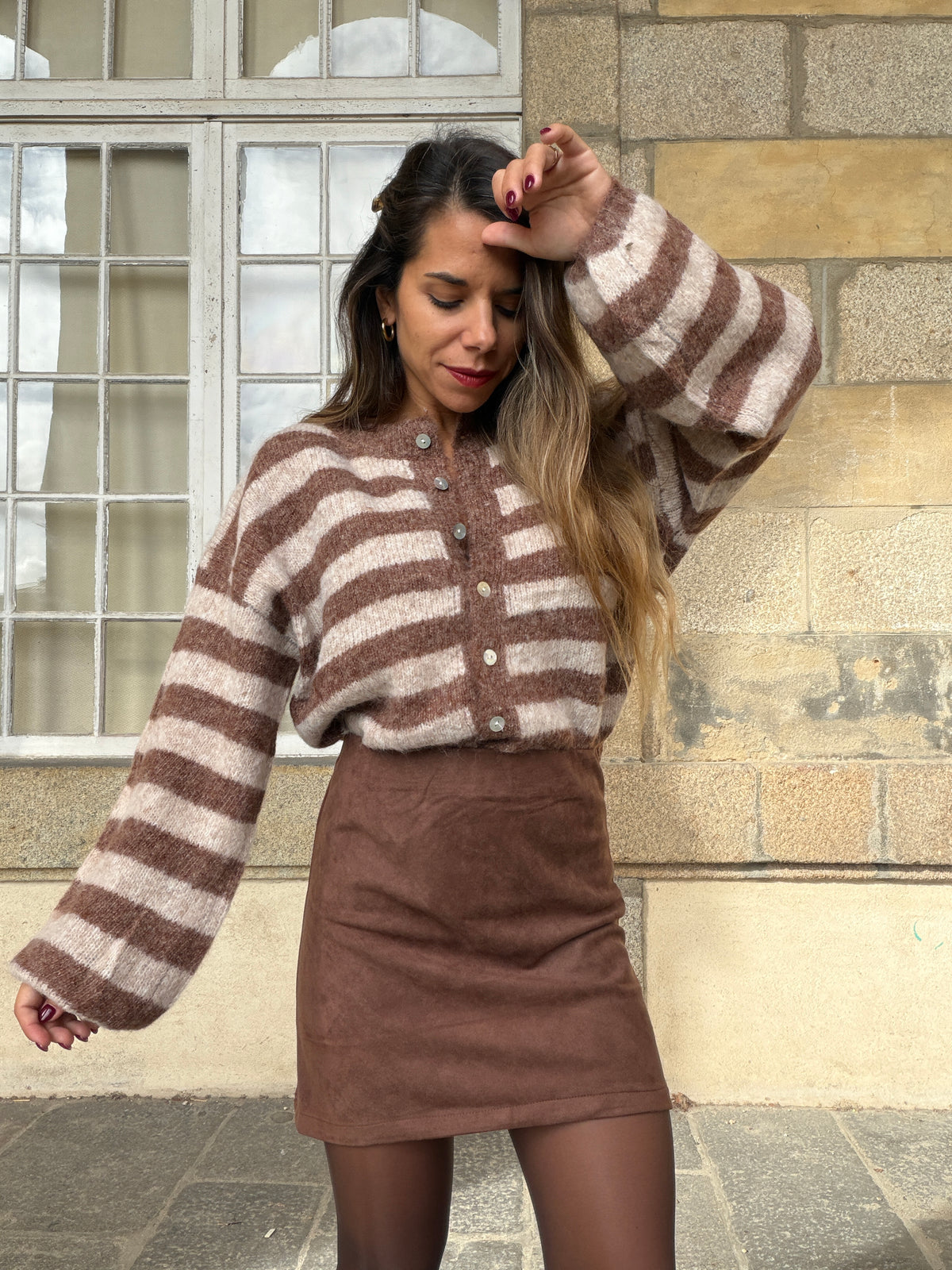 Cardigan Véra rayé camel et beige