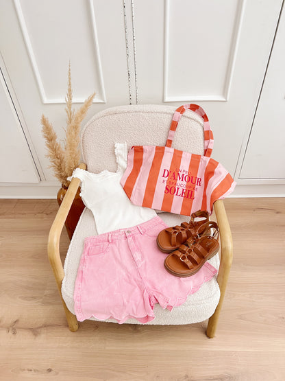 Sac cabas un peu d’amour et beaucoup de soleil rayé rose orange