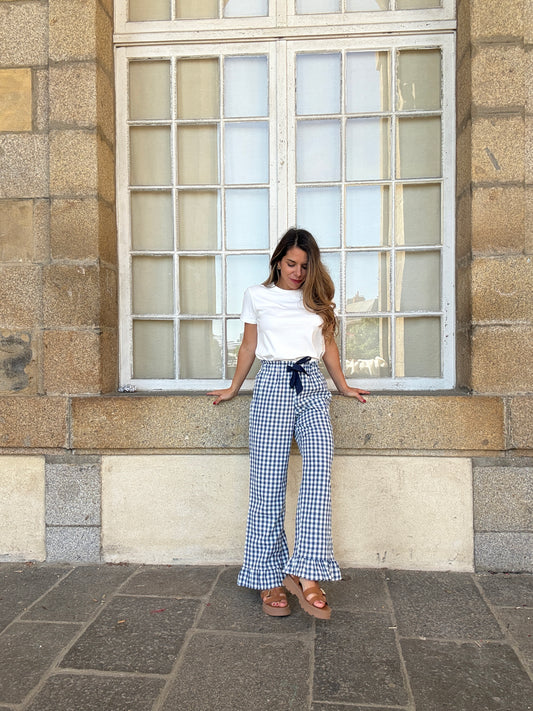 Pantalon fluide vichy à volants bleu marine Julia