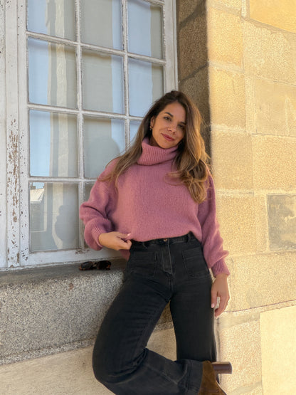Maille col roulé en mohair et laine Faustine vieux rose