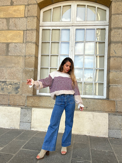 Pull Soline Taupe rayé Bordeaux