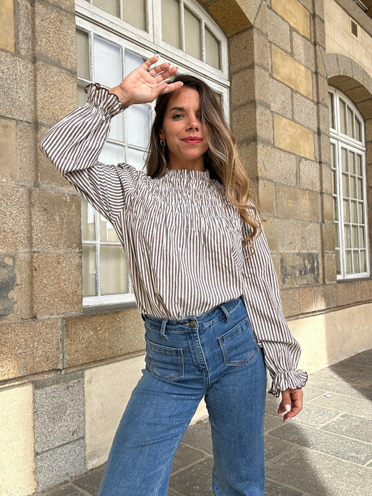 Blouse à rayures smockée marron Chloé