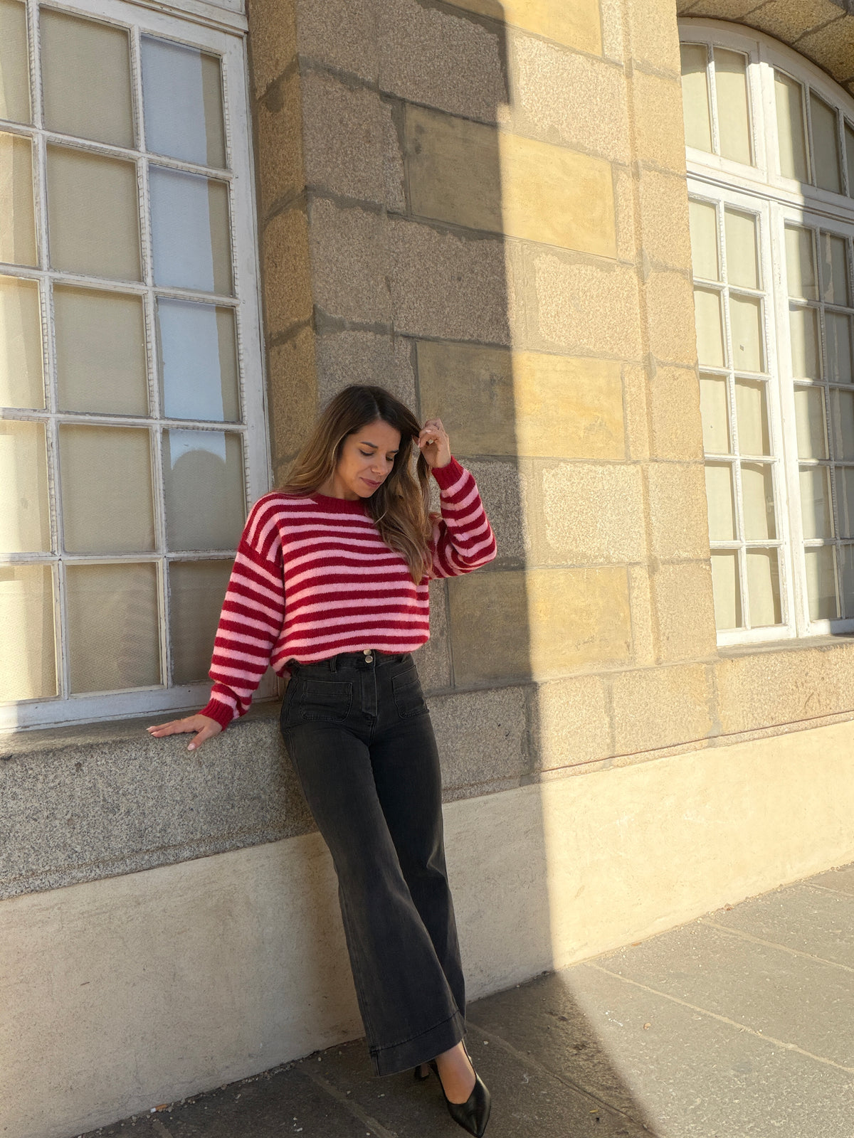 Pull à rayures Suzie rouge et rose
