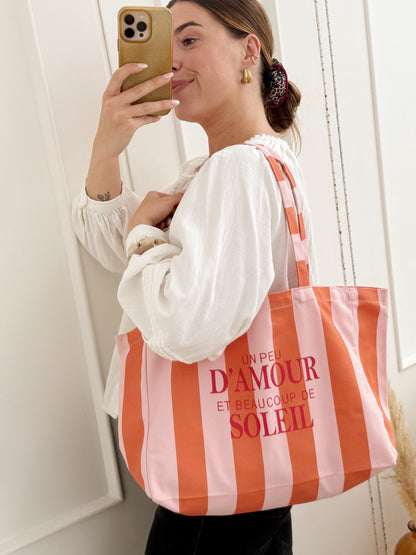 Sac cabas un peu d’amour et beaucoup de soleil rayé rose orange