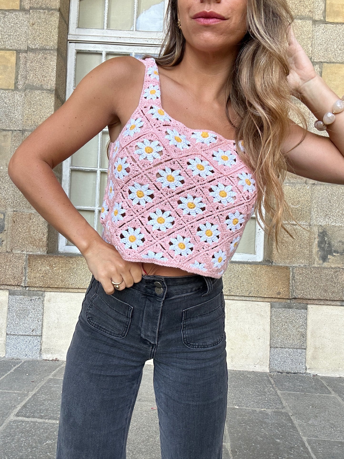 Top en crochet Marguerite rose