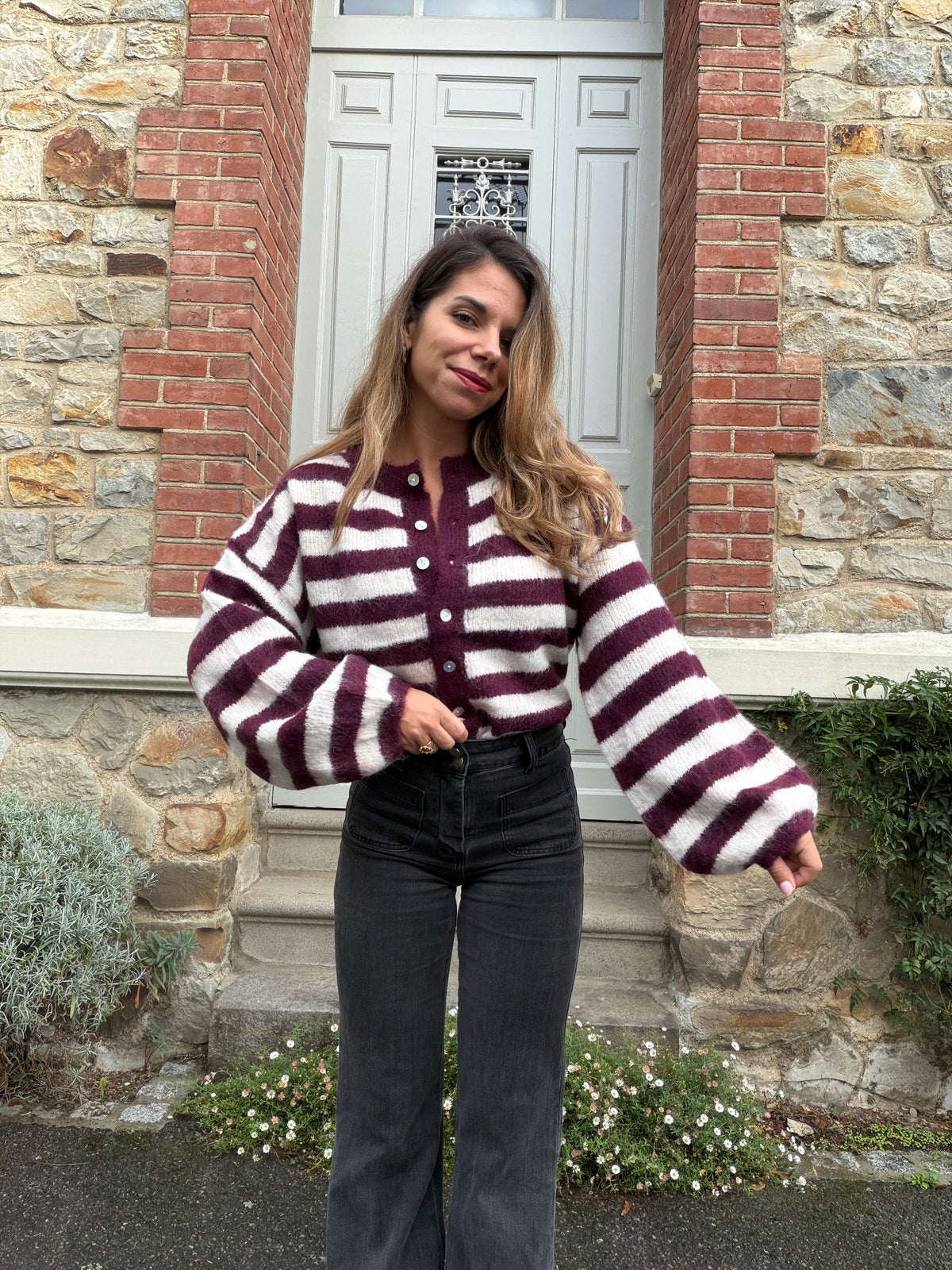 Cardigan Véra rayé bordeaux