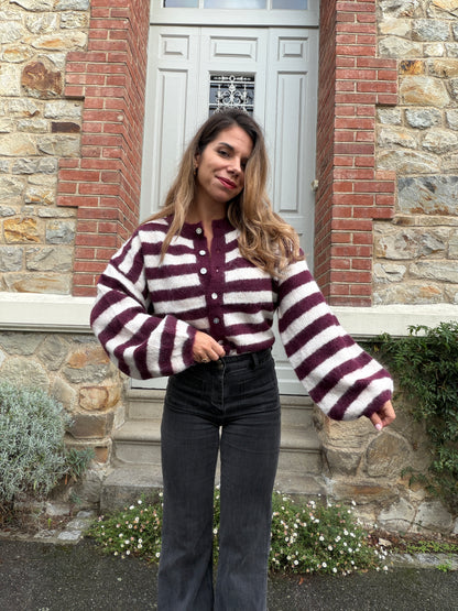 Cardigan Véra rayé bordeaux