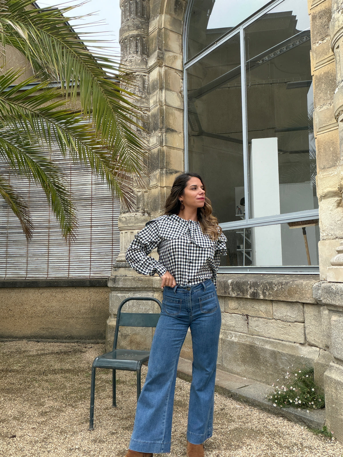 Blouse Vichy avec un grand col Sixtine bleu marine