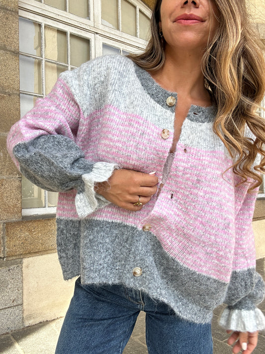Cardigan Marisol Gris rayé rose
