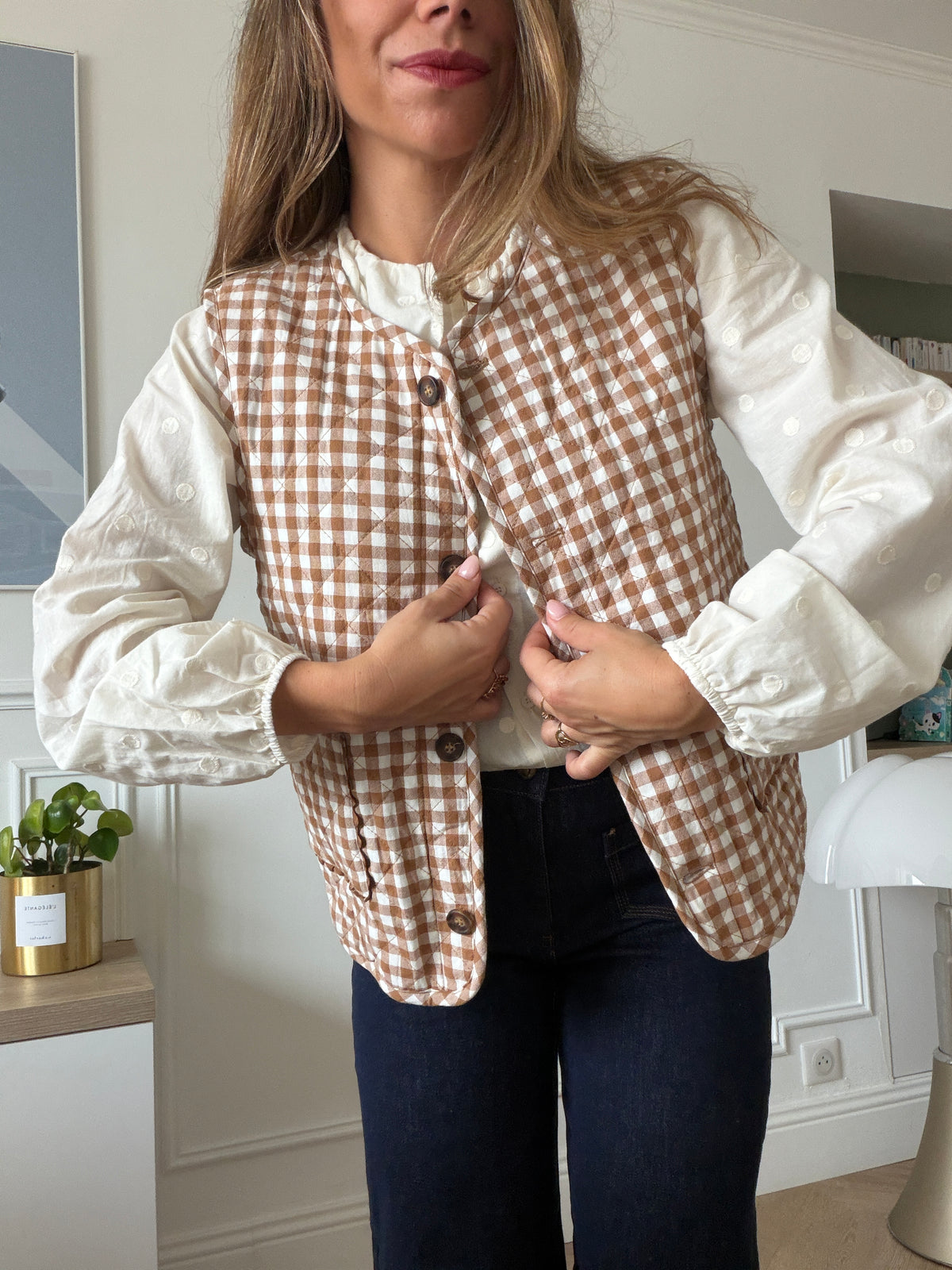 Gilet sans manches vichy beige Apolline réversible