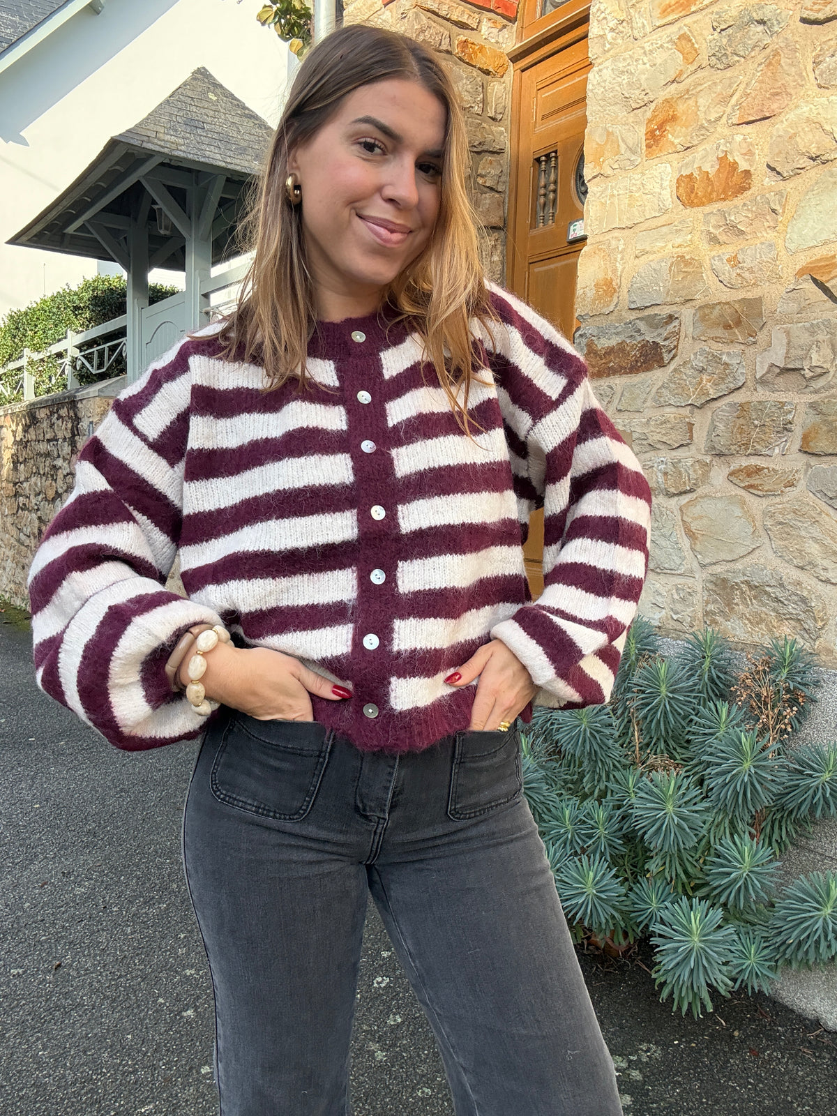 Cardigan Véra rayé bordeaux