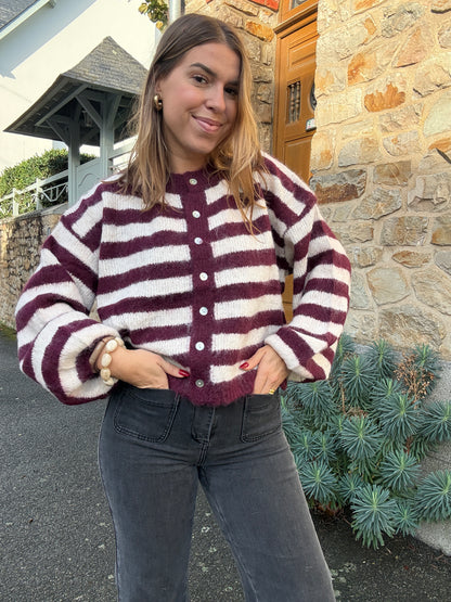 Cardigan Véra rayé bordeaux