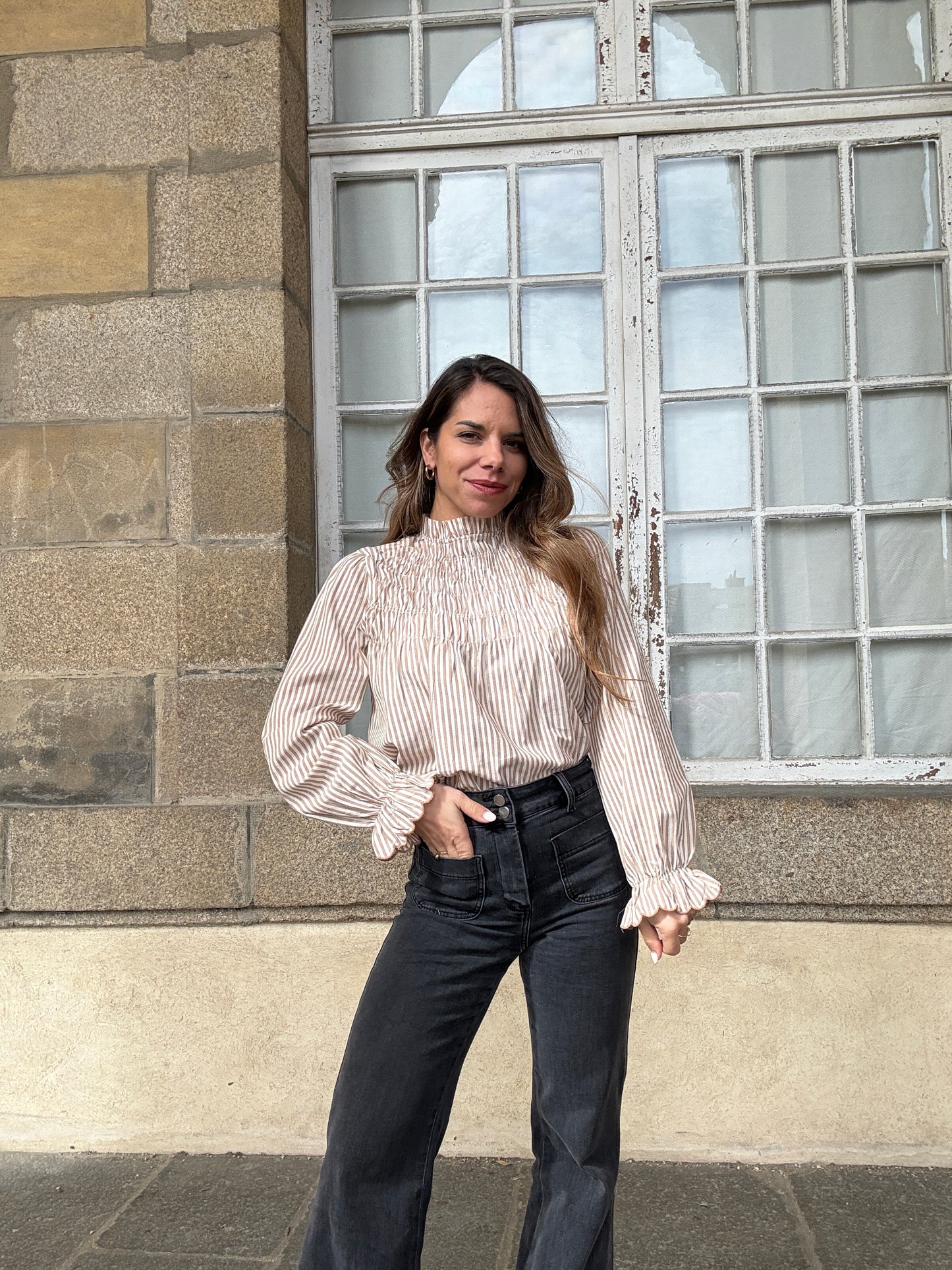 Blouse à rayures smockée camel Chloé