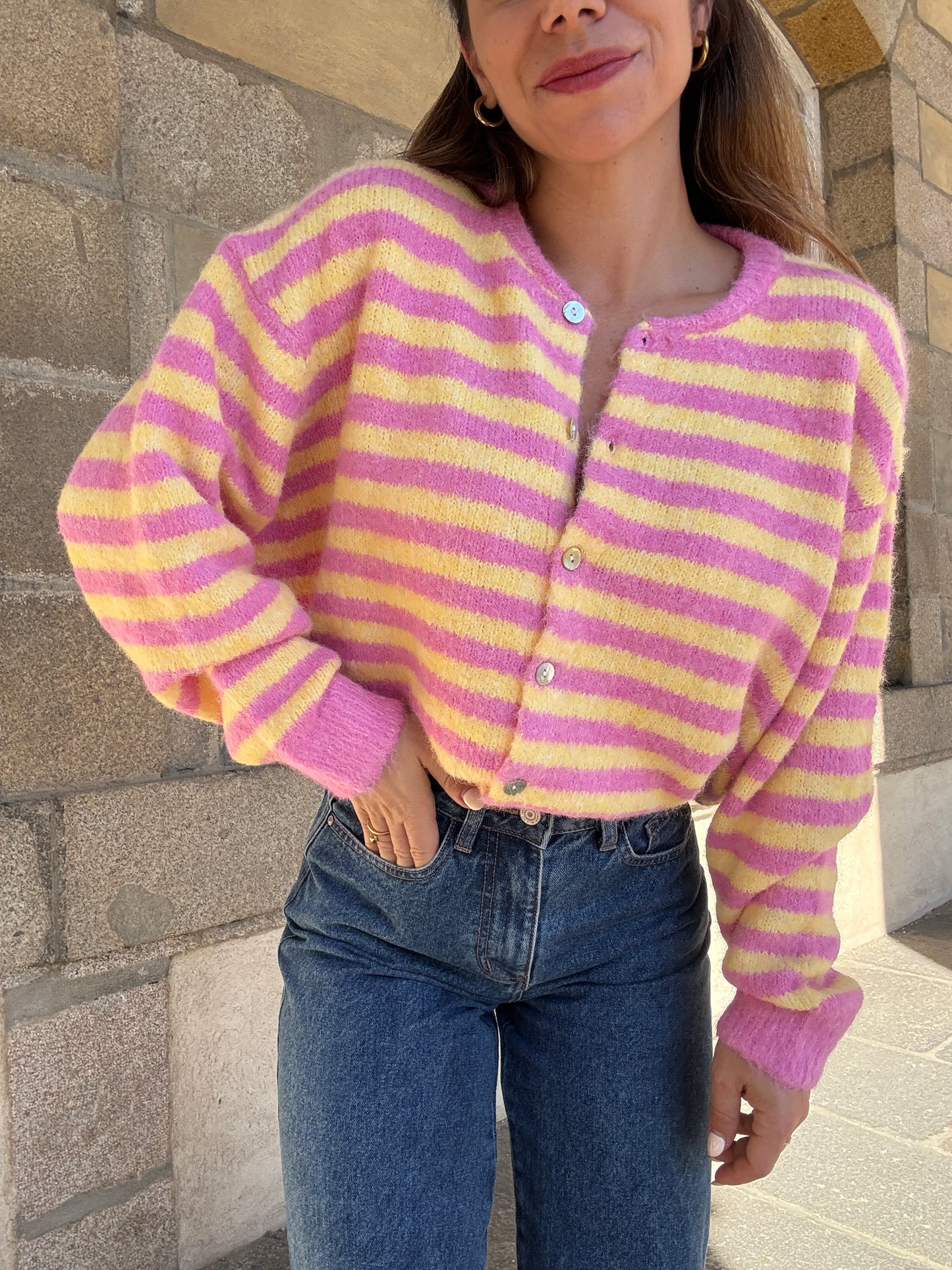 Cardigan Solela rose et jaune