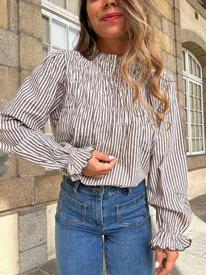 Blouse à rayures smockée marron Chloé