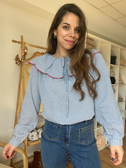 Blouse à col large Solveig VICHY bleue