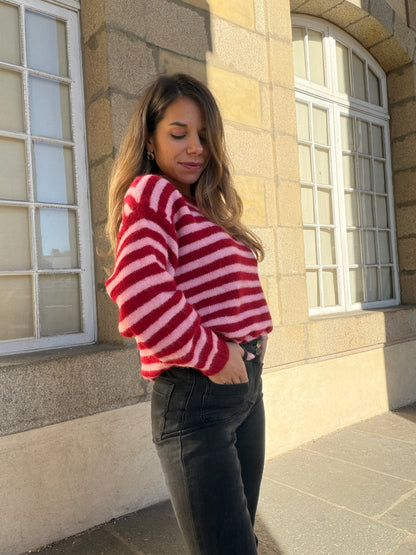 Pull à rayures Suzie rouge et rose