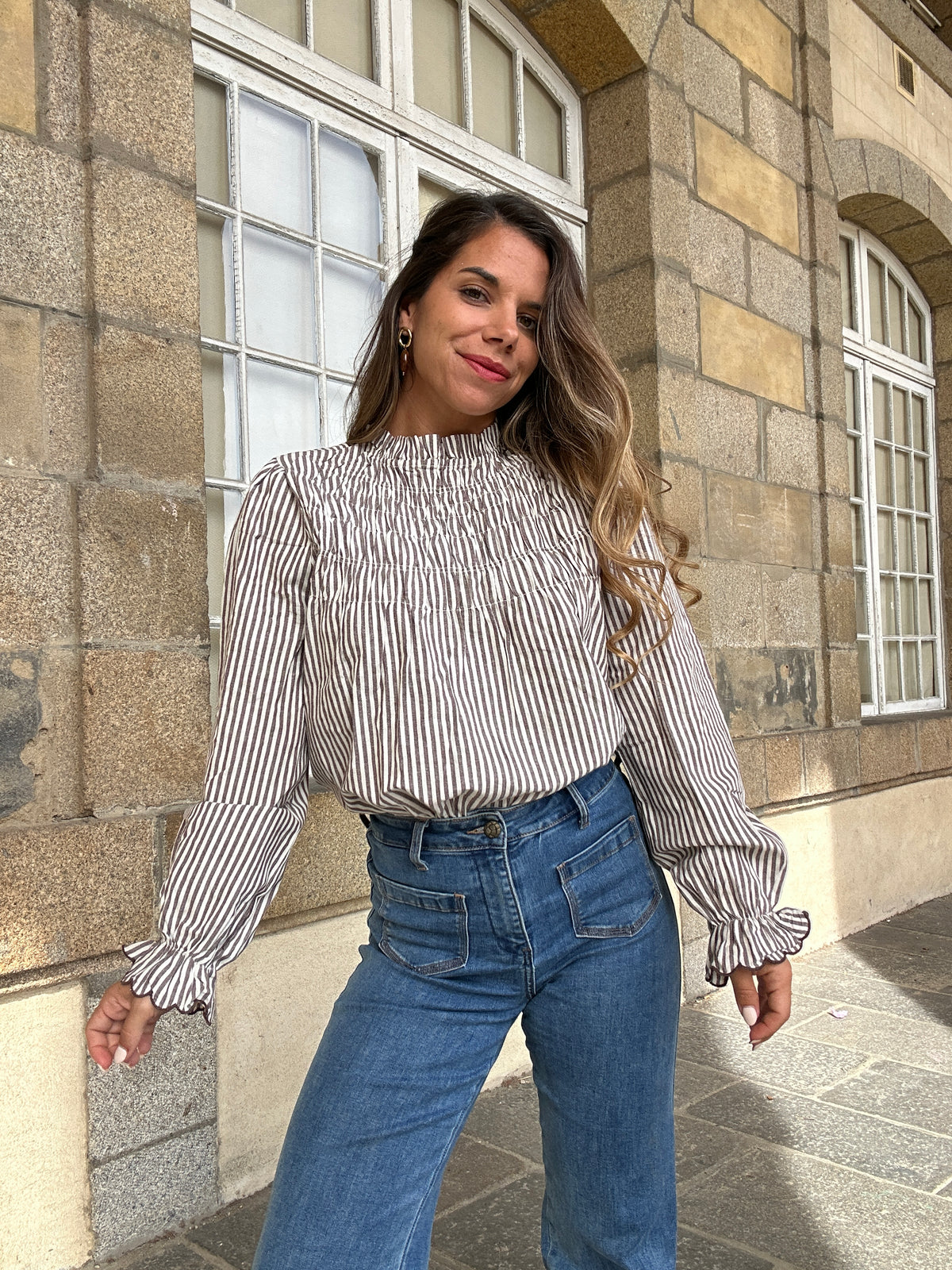 Blouse à rayures smockée marron Chloé