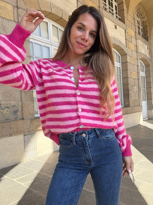 Cardigan Solela rayé rose et rouge