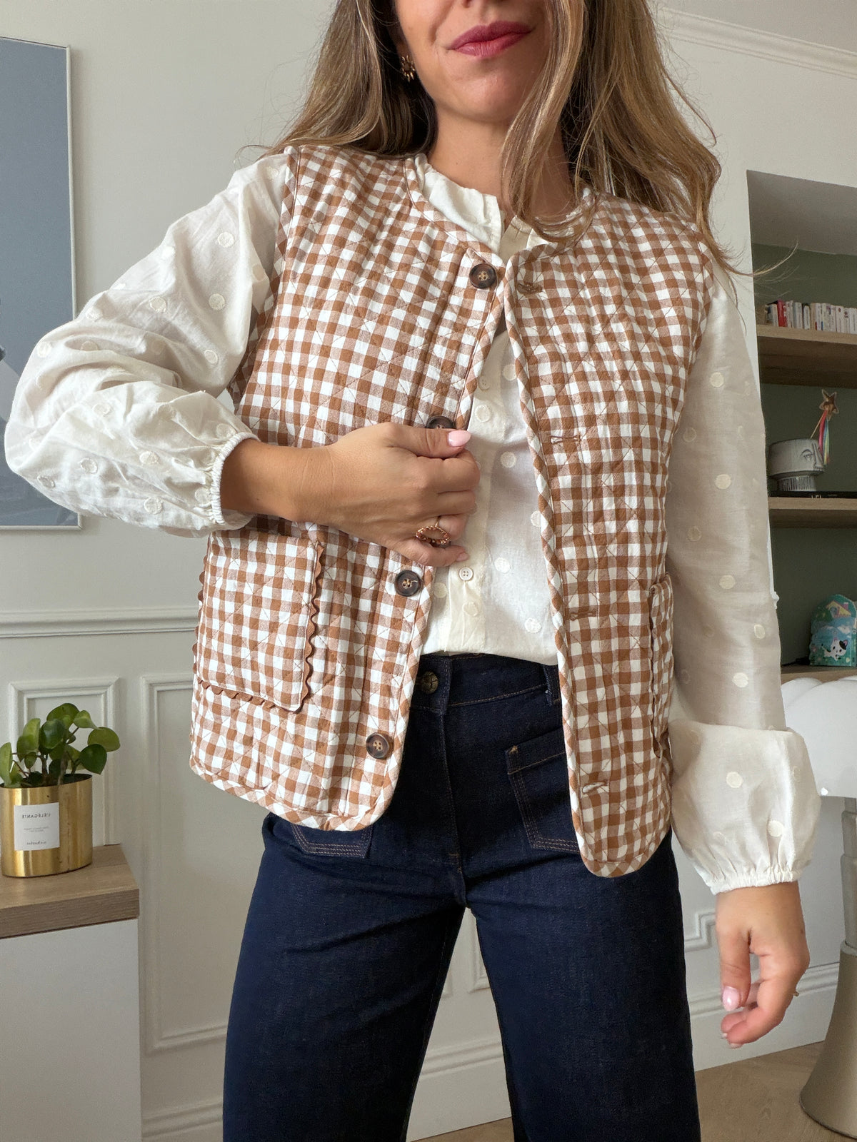 Gilet sans manches vichy beige Apolline réversible