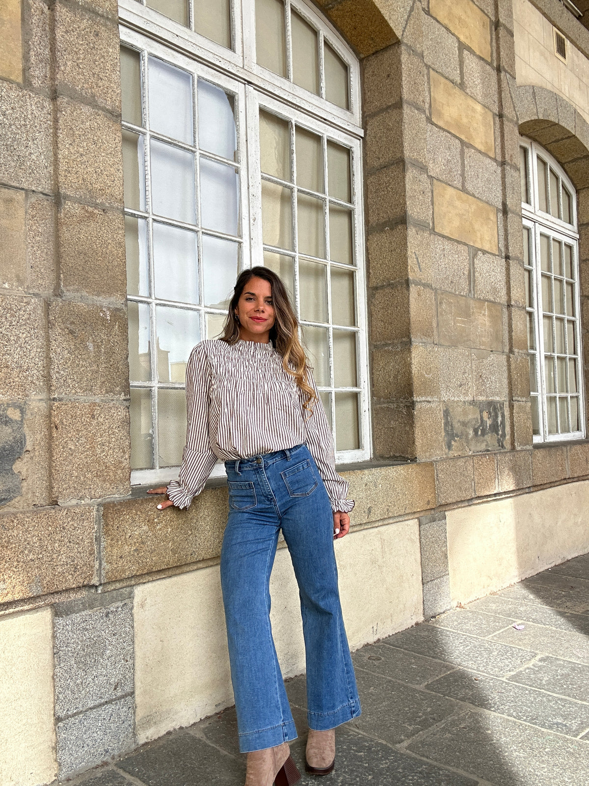Blouse à rayures smockée marron Chloé