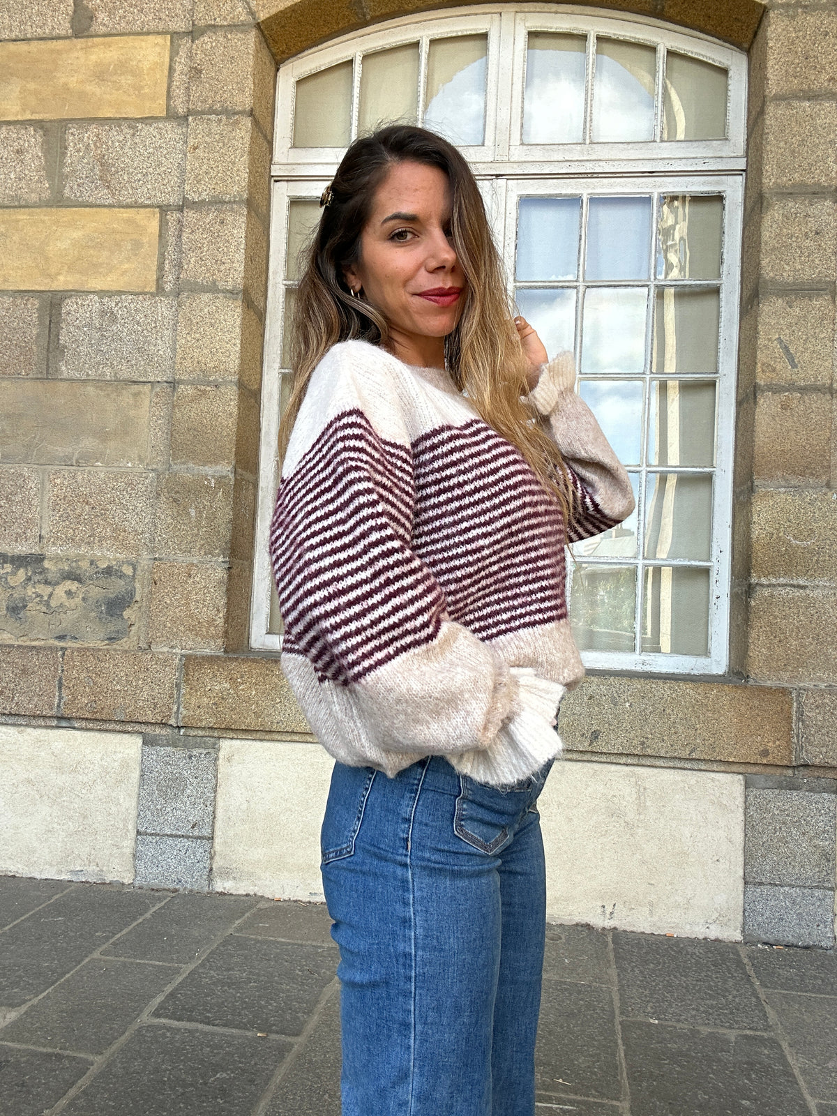 Pull Soline Taupe rayé Bordeaux