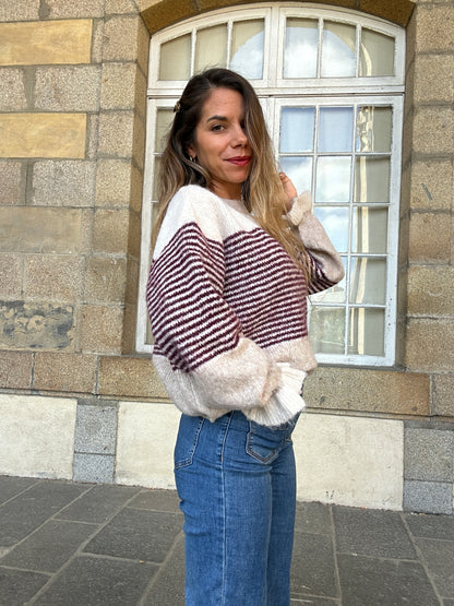 Pull Soline Taupe rayé Bordeaux