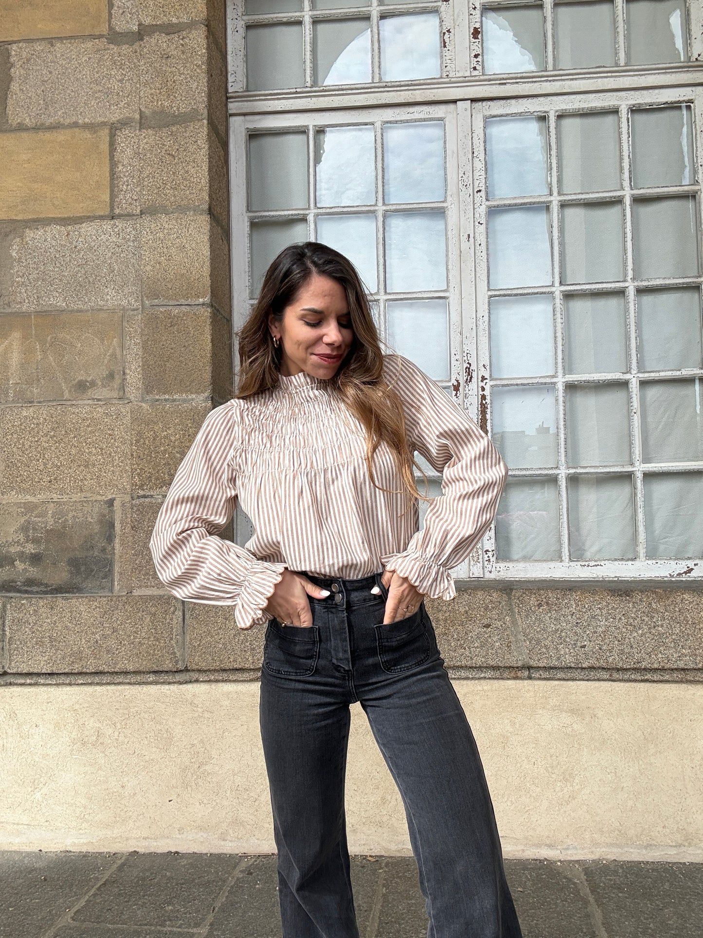Blouse à rayures smockée camel Chloé
