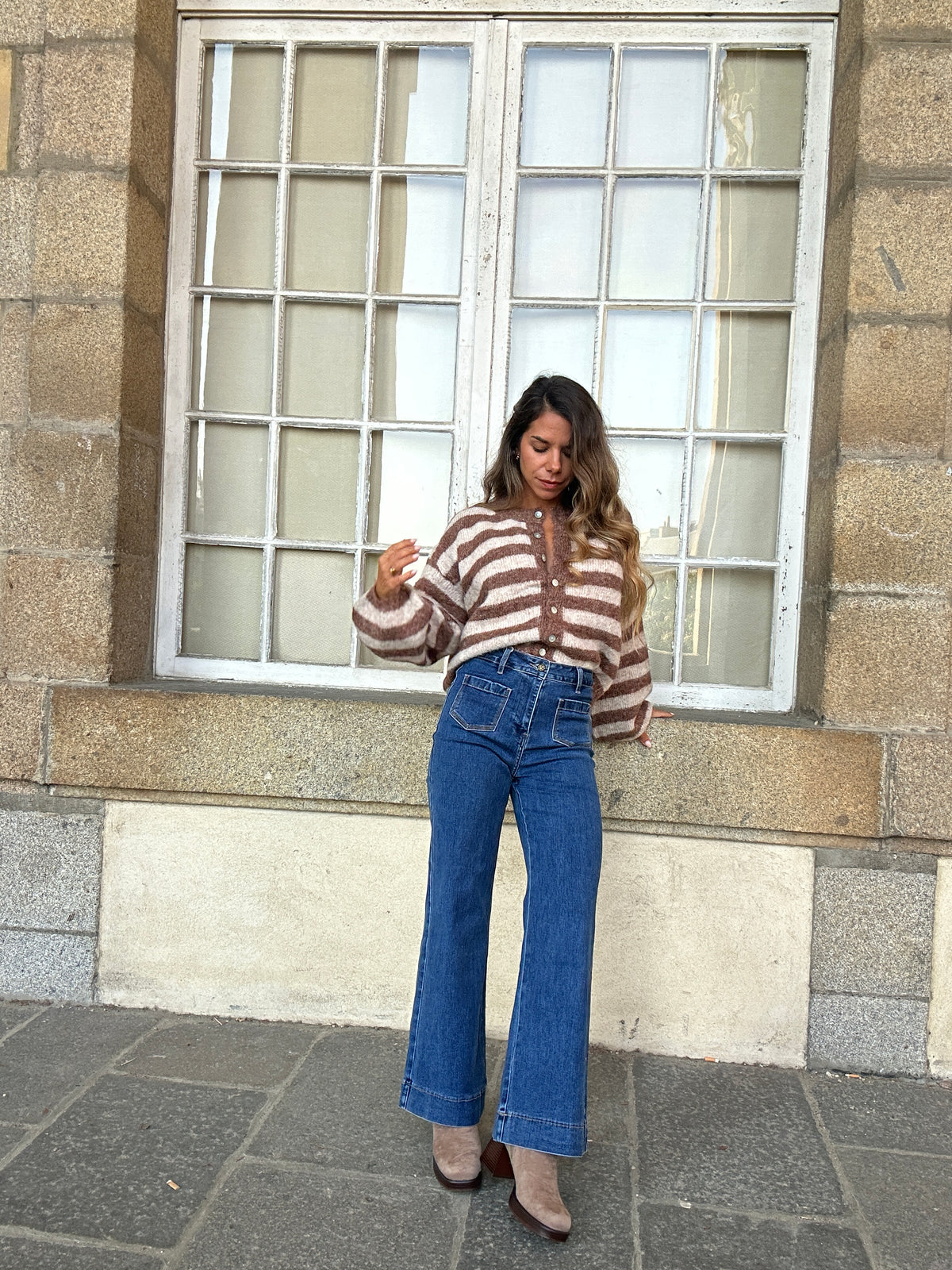 Cardigan Véra rayé camel et beige