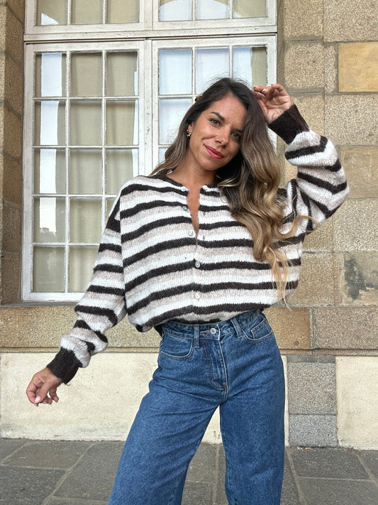 Cardigan Daniella rayé marron beige et blanc
