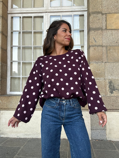 Pull à pois en laine Zélie bordeaux