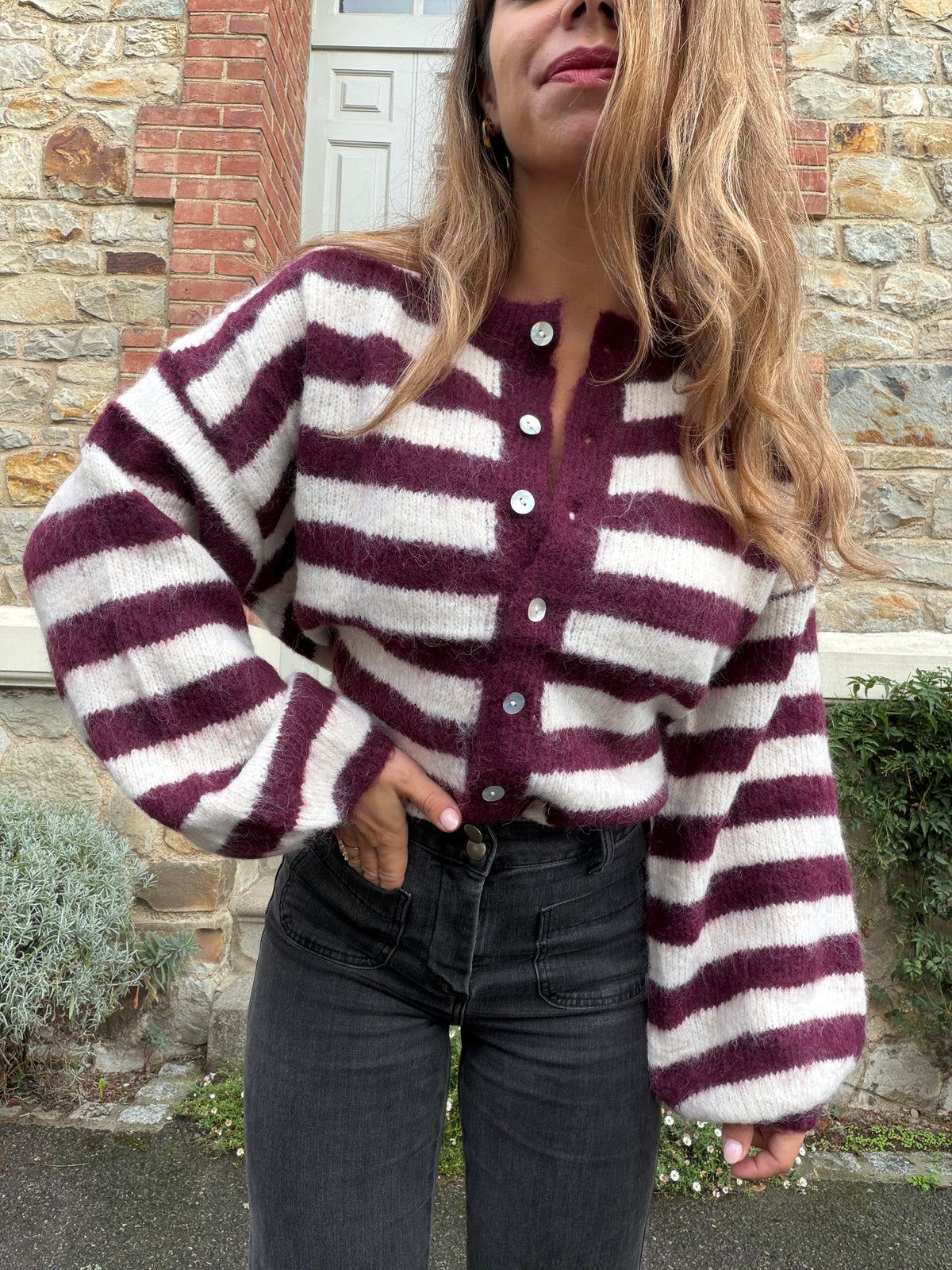 Cardigan Véra rayé bordeaux