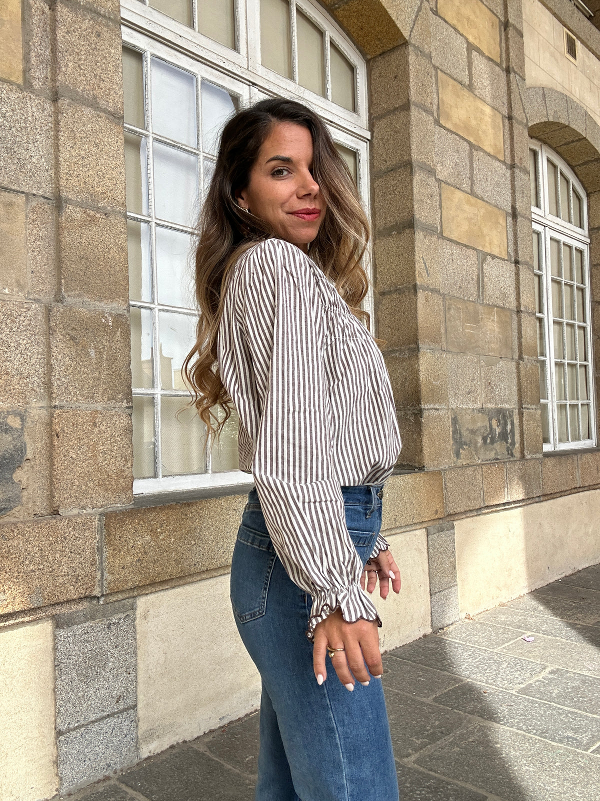 Blouse à rayures smockée marron Chloé