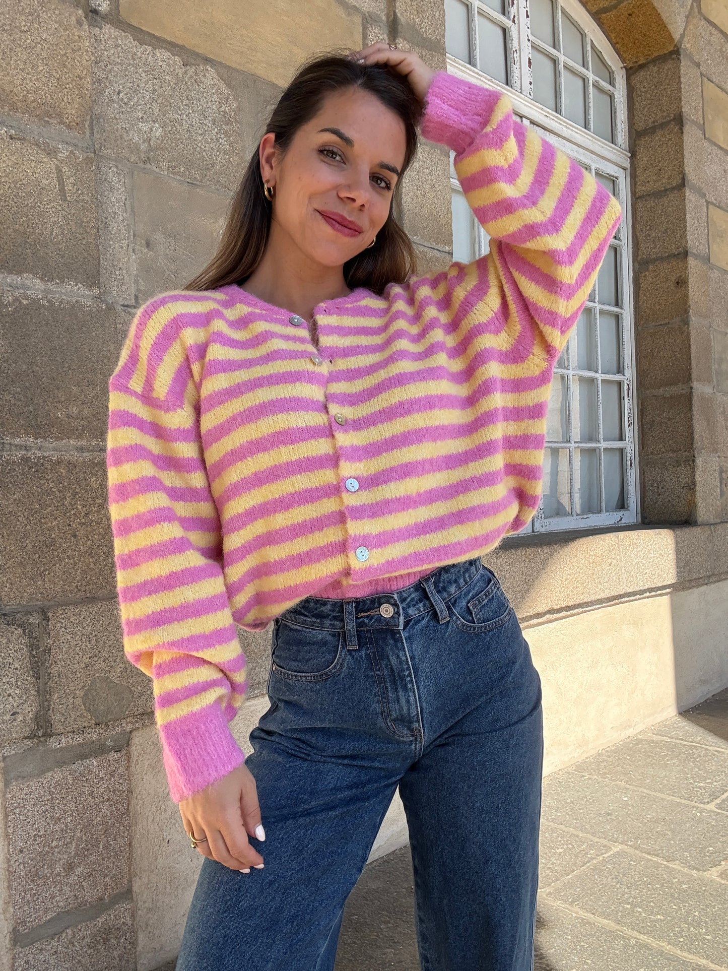 Cardigan Solela rose et jaune