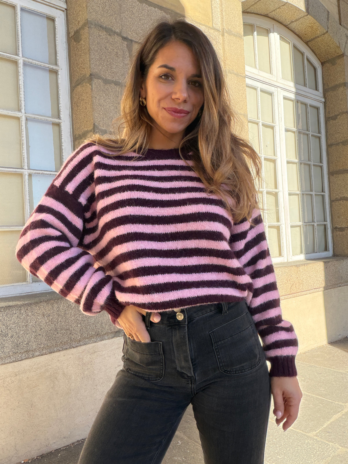 Pull à rayures Suzie prune et rose