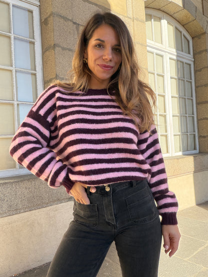 Pull à rayures Suzie prune et rose