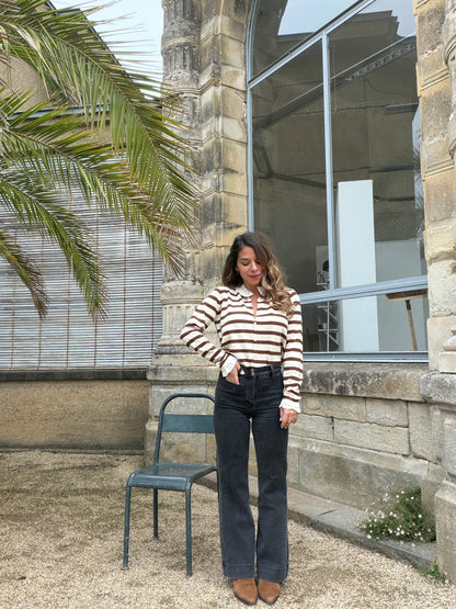 Cardigan Amandine rayé écru et marron
