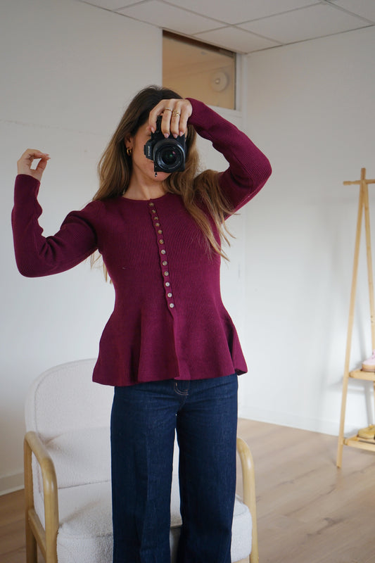 Pull fin péplum Albane bordeaux