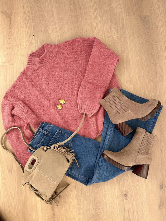 Pull en maille à col rond Hortense vieux rose