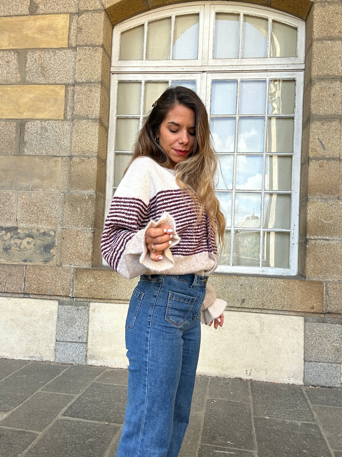 Cardigan Marisol Taupe rayé Bordeaux