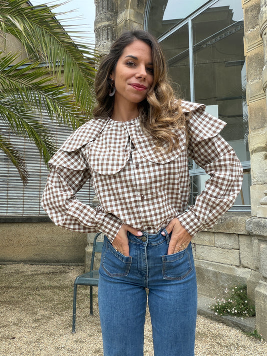 Blouse Vichy avec un grand col Sixtine marron