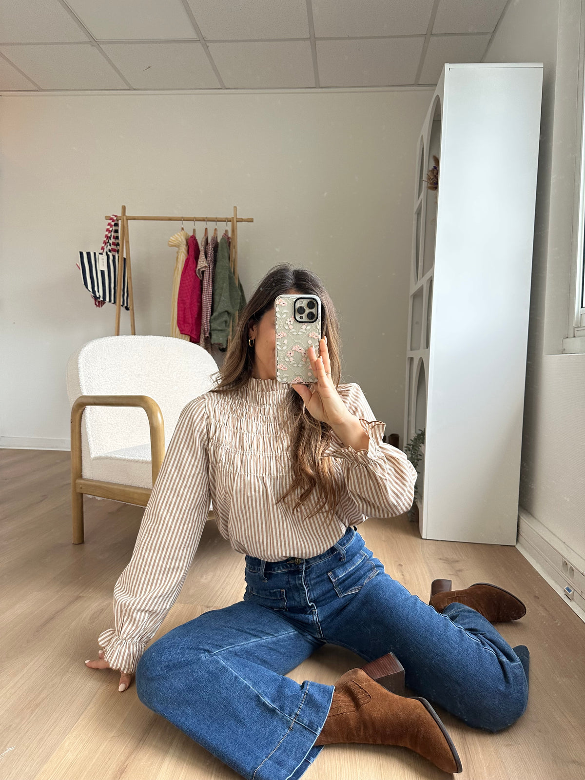 Blouse à rayures smockée camel Chloé