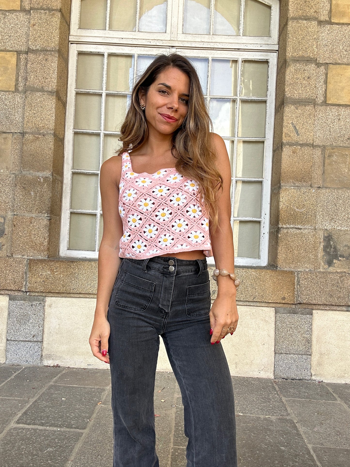 Top en crochet Marguerite rose