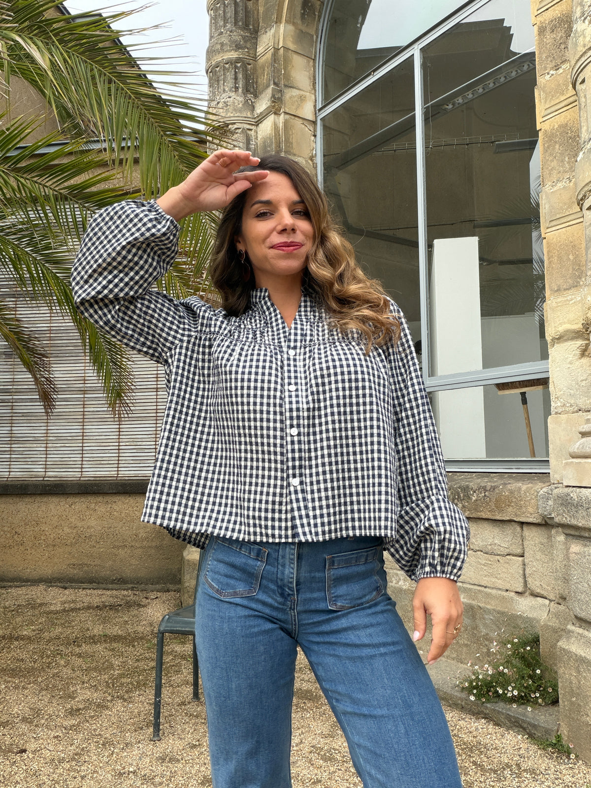 Blouse à carreaux bleu marine Albane