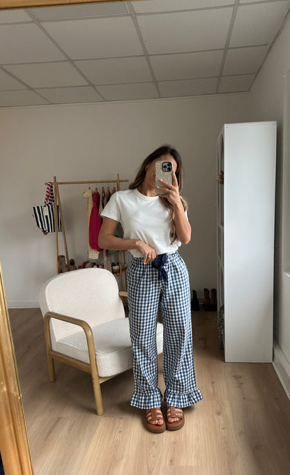 Pantalon fluide vichy à volants bleu marine Julia