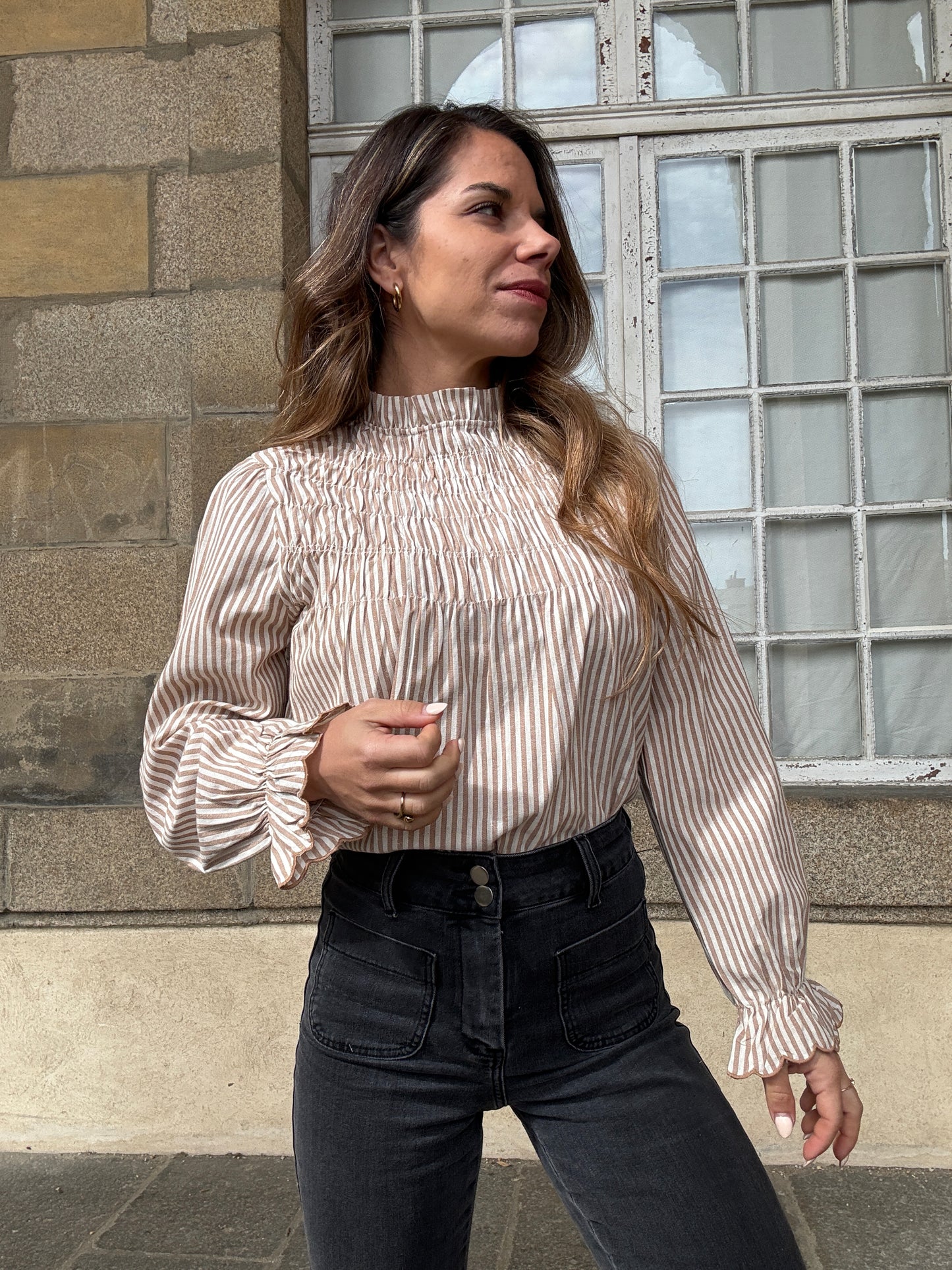 Blouse à rayures smockée camel Chloé