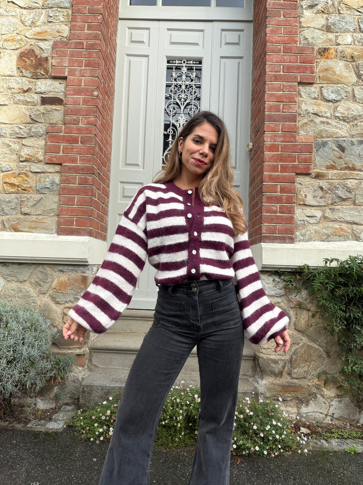 Cardigan Véra rayé bordeaux