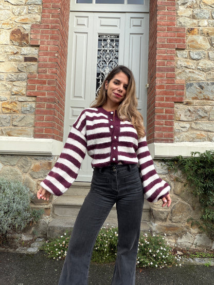Cardigan Véra rayé bordeaux